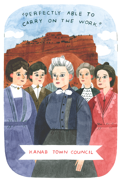 Five women of the Kanab Town Council standing in front of a red rock butte