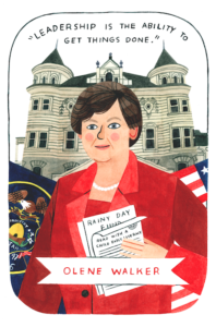Cartoon image of a woman in a red blazer standing in front of a Victorian-style building holding sheets of paper. Above her head are the words, "Leadership is the ability to get things done," while below her is her name, Olene Walker.