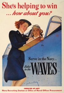 Navy recruiting poster showing a woman in uniform next to a plane.