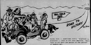 Cartoon of several men and women on the road to Hill, titled Road to Victory